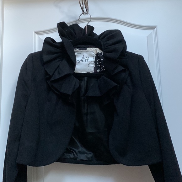 Milly 🖤New York Black Ruffle Collar Crop Cropped Wool Silk Jacket Coat Italy - Picture 8 of 16